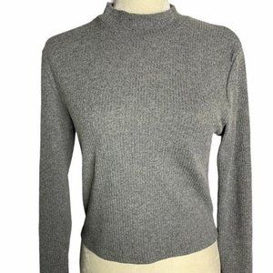 ReVamped Ribbed Knit Mock Neck Cropped Top Large Grey Long Sleeve Pullover
